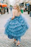 Tulle Strapless Blue Prom Gown with Tiered Skirt