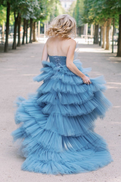 Tulle Strapless Blue Prom Gown with Tiered Skirt
