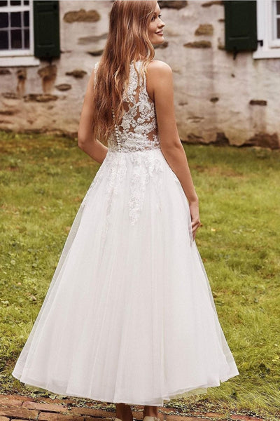 Tulle Tea-length Bridal Dress with Sheer Lace Bodice