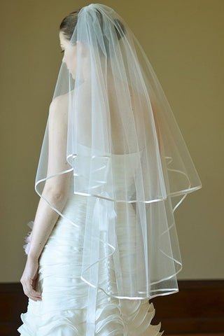 Two Tier Ribbon Satin Edge Wedding Veil with Blusher  display picture 3