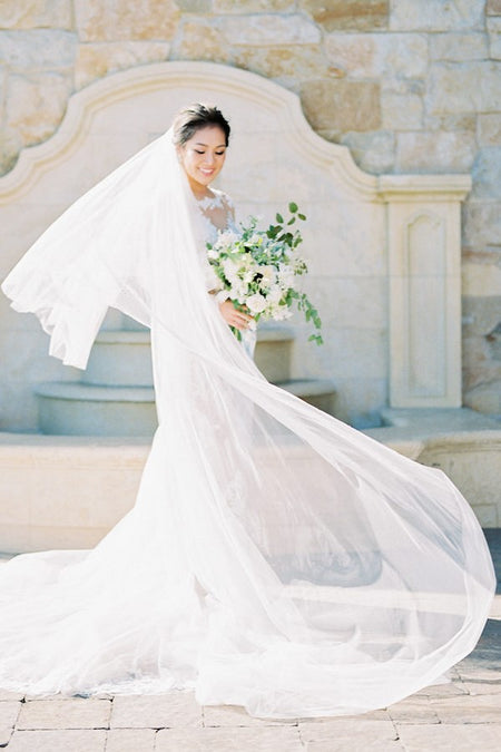Appliqued Lace Trim Long Wedding Veil with Blusher