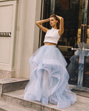Two-tone Blue Tulle Prom Gown with Lace Top