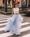 Two-tone Blue Tulle Prom Gown with Lace Top