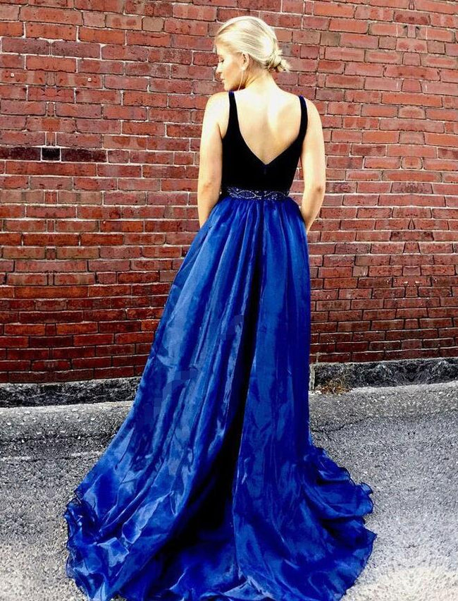 two-tone-v-neck-a-line-prom-long-dresses-with-bead-belt-1