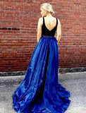 two-tone-v-neck-a-line-prom-long-dresses-with-bead-belt-1