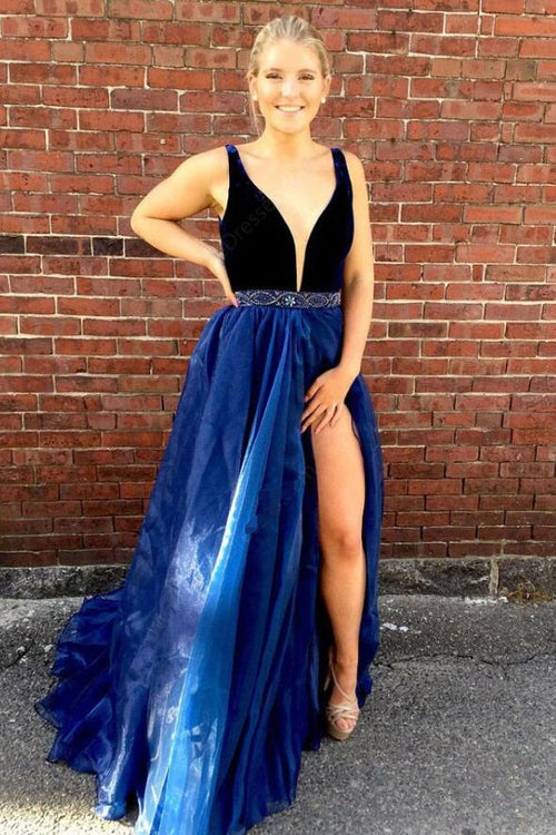 two-tone-v-neck-a-line-prom-long-dresses-with-bead-belt