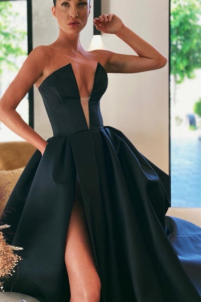 loveangeldress V-Cut Black Satin Prom Gown with High Leg Slit US12 / Custom Made(Leave Note About Color Number from The Color Swatches)