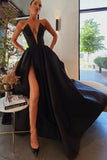 v-cut-black-satin-prom-gown-with-high-leg-slit