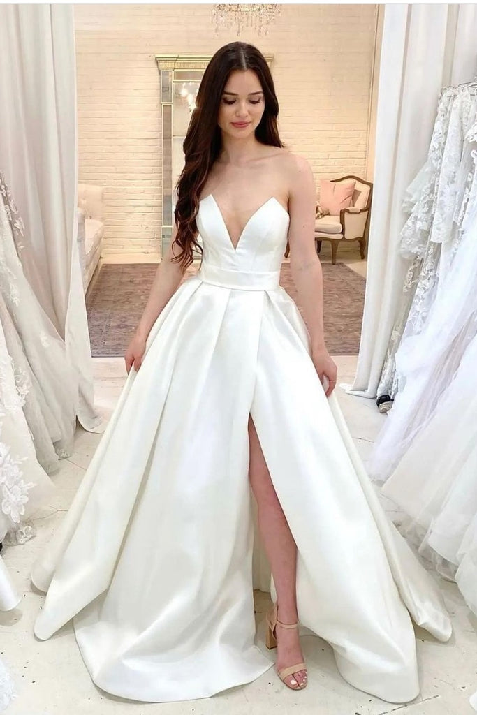 V-cut Strapless Satin Bridal Dresses with Leg Split Side – loveangeldress