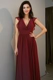 v-neck-burgundy-chiffon-long-bridesmaid-dresses-with-flounced-sleeves-2
