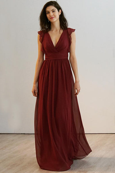 v-neck-burgundy-chiffon-long-bridesmaid-dresses-with-flounced-sleeves