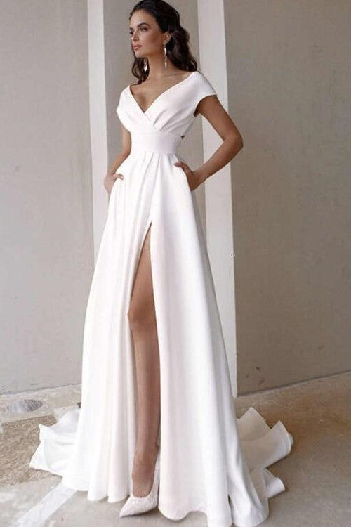 v-neck-capped-sleeves-wedding-gown-with-flying-satin-skirt