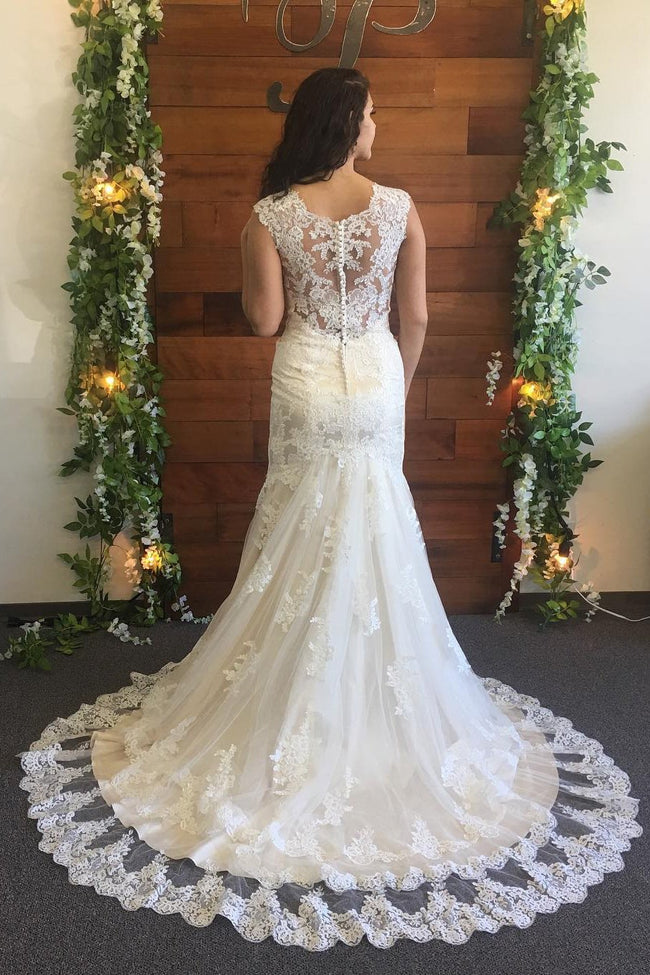 v-neck-lace-cap-sleeve-sheath-wedding-dresses