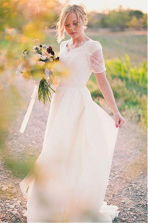 v-neck-lace-chiffon-boho-wedding-dress-short-sleeves