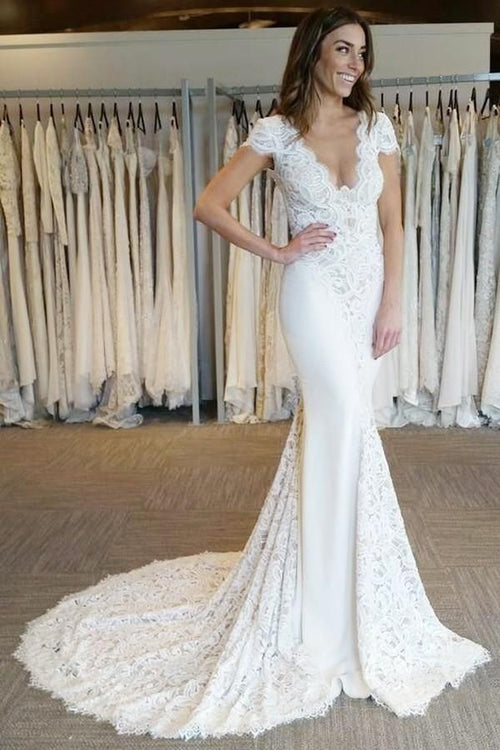 v-neck-lace-mermaid-wedding-dresses-with-sleeves