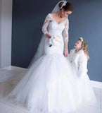 v-neck-lace-white-mermaid-wedding-gowns-with-3-4-sleeves-2