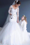 v-neck-lace-white-mermaid-wedding-gowns-with-3-4-sleeves