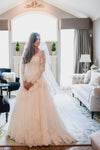 v-neck-long-sleeves-vintage-wedding-dress-with-tulle-skirt