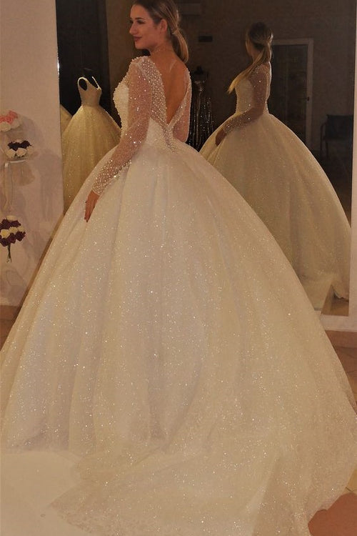 v-neck-sequin-ball-gown-wedding-dress-with-beaded-sheer-long-sleeves