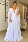 v-neck-white-chiffon-prom-dresses-with-ribbons