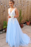 v-neck-white-lace-appliques-blue-tulle-prom-dresses-long