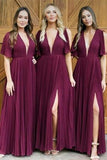 V-neckline Burgundy Chiffon Bridesmaid Dresses with Sleeves