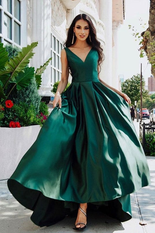 V-neckline Dark Green Prom Dresses with Satin Skirt – loveangeldress