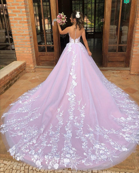 v-neckline-lace-floral-wedding-gown-with-contrast-color-skirt-1