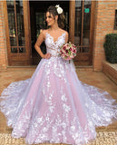 v-neckline-lace-floral-wedding-gown-with-contrast-color-skirt-2