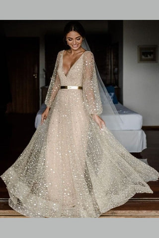 sequin wedding dress with sleeves V-neckline Sequin Wedding Dresses Loose Long Sleeves – loveangeldress