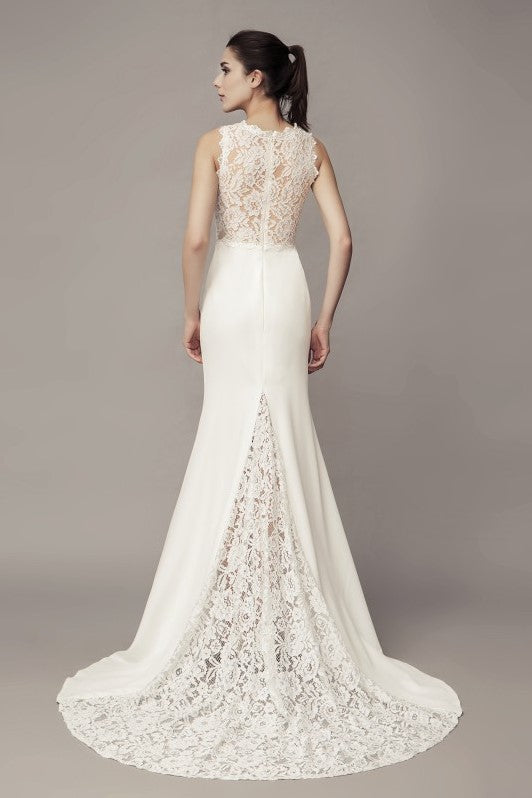 v-neckline-sheath-wedding-dress-with-lace-splice-satin-skirt-1