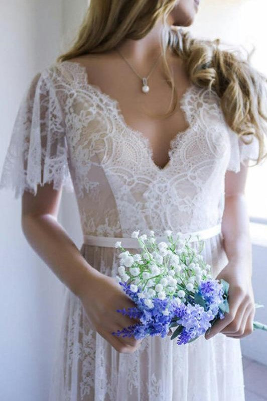 v-neckline-short-sleeves-lace-wedding-dresses-boho-style-1