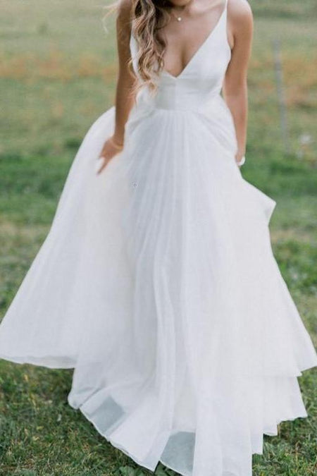 A-line Satin White Wedding Dress with Pockets