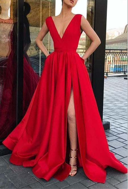 A-line Floor Length V-neck Red Chiffon Long Prom Gowns