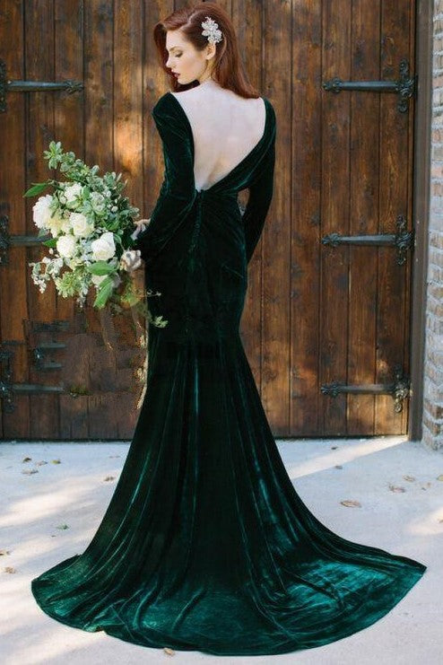 v-neckline-velvet-dark-green-bridesmaid-dress-long-sleeves-1
