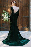 v-neckline-velvet-dark-green-bridesmaid-dress-long-sleeves-1