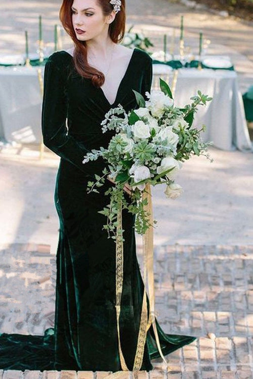 v-neckline-velvet-dark-green-bridesmaid-dress-long-sleeves