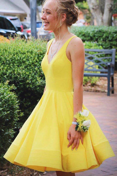 v-neckline-yellow-homecoming-dresses-short-satin-skirt