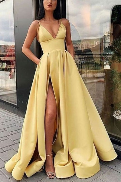 v-neckline-yellow-satin-long-prom-dresses-with-pockets