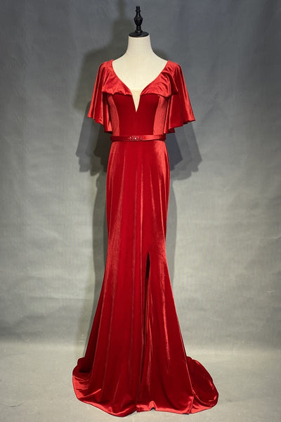 velvet-red-evening-dresses-with-ruffles-sleeves