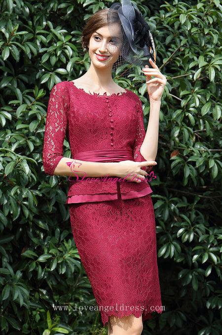 Ankle Length Burgundy Plus Size Mother of the Bride Lace Dress with Sleeves