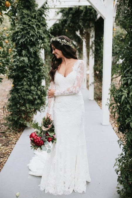 Fit&Flare Lace Off-the-shoulder Wedding Dresses with Long Sleeves