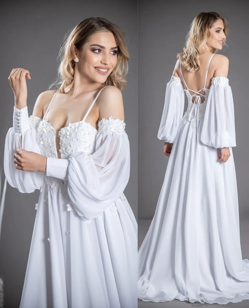 white-chiffon-summer-wedding-dress-with-lantern-sleeve-1