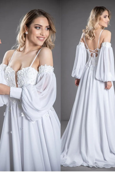 white-chiffon-summer-wedding-dress-with-lantern-sleeve