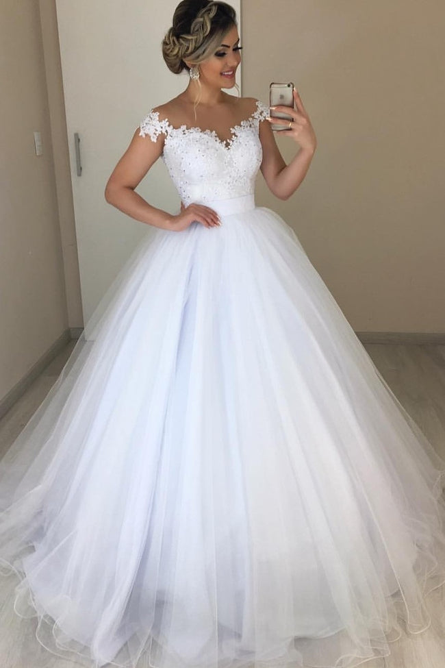 White Lace Garden Wedding Dresses Capped Sleeves