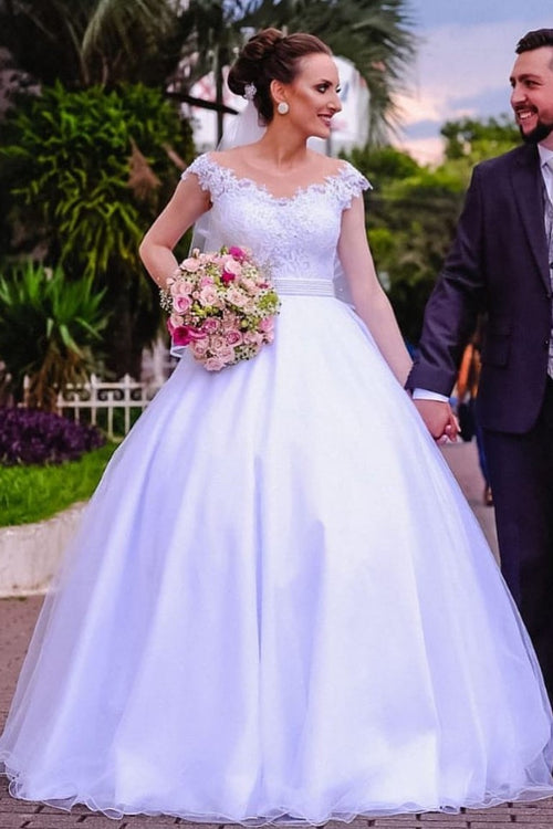 White Lace Garden Wedding Dresses Capped Sleeves