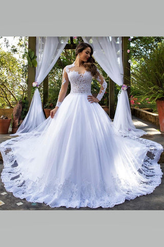 White Lace Long-sleeve Wedding Dresses with Royal Train – loveangeldress
