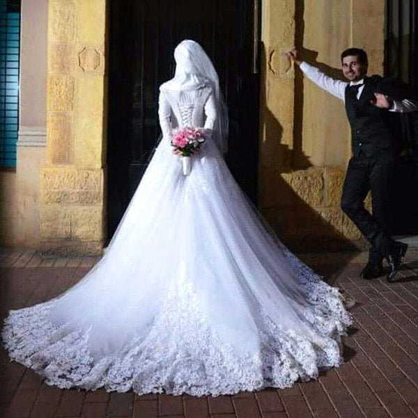 White Lace Muslim Wedding Dresses with Long Sleeves – loveangeldress