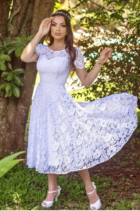 Lace Short Sleeves Tea-Length Bridal Dress for Beach Weddings