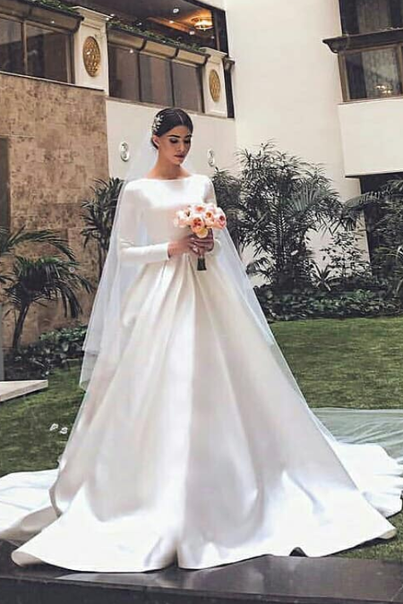 Wide Neckline Satin Straight Wedding Gown 3/4 Sleeves